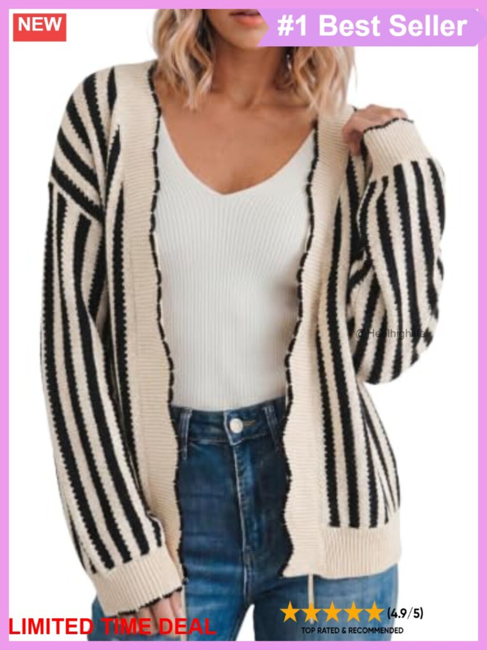 Striped Knit Cardigan Sweater with Scalloped Trim and Front Tie